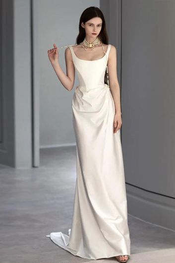 Satin Square Neck Mermaid Gown with Long Train for Formal Events