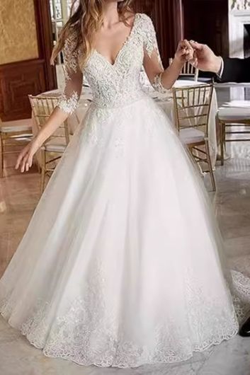 Long-Sleeve V-Neck Lace Ball Gown with Long Train for Formal Events