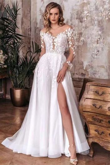 Lace Illusion Neckline Long-Sleeve Gown with High Slit for Formal Events"