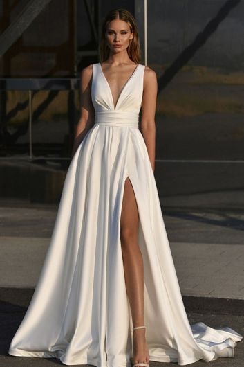 Deep V-Neck Satin Ball Gown with High Slit and Long Train for Formal Events