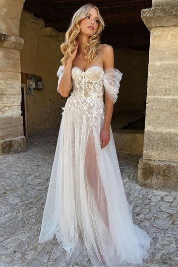 Off-the-Shoulder Lace and Tulle Gown with Long Train for Formal Events