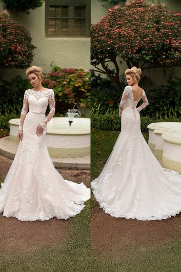 Lace Illusion  Mermaid Gown with Long Train for Formal Events