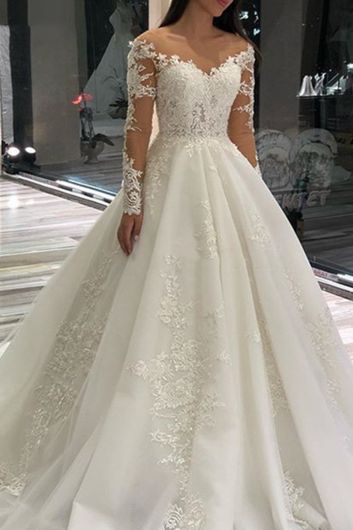 Lace Illusion Long Ball Gown with Long Train for Formal Events