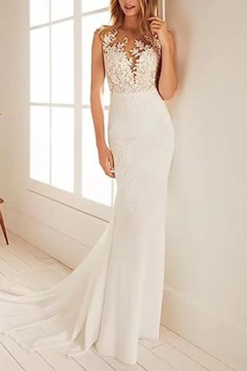 Sleeveless Lace Bodice Mermaid Gown with Long Train for Formal Events