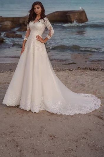 Lace Illusion Neckline Long-Sleeve Ball Gown with Long Train for Formal Events