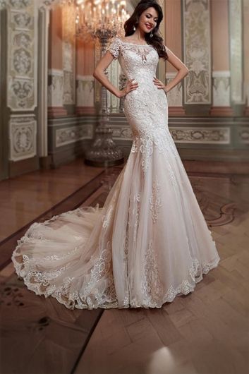 Lace Illusion Neckline Mermaid Gown with Long Train for Evening Events