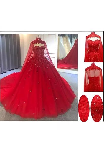 High-Neck Beaded Ball Gown with Long Train for Evening Events