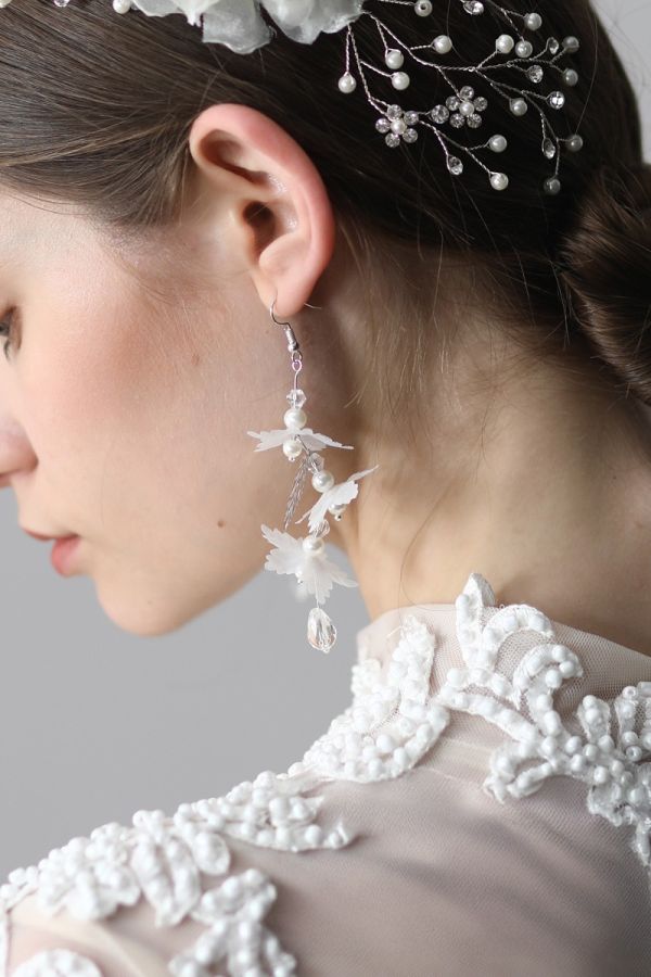 Feathered Pearl Drop Earrings for Evening Gowns