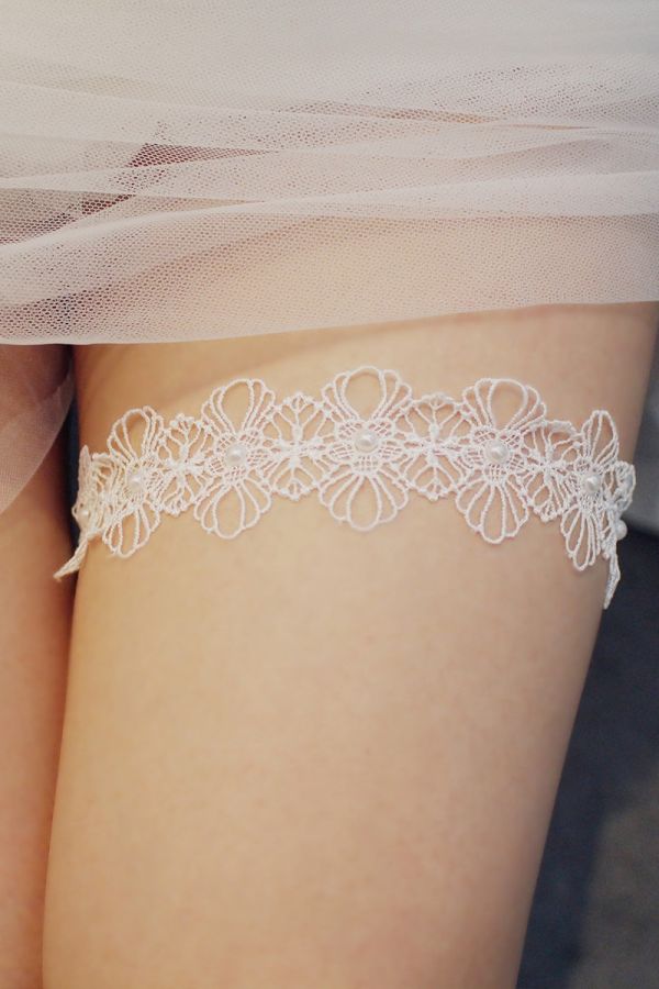 Lace Floral Garter with Pearl Accents for Bridal Wear