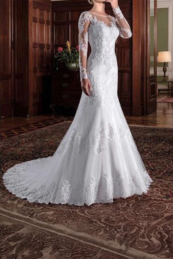 Sleeve Lace Illusion Neckline Mermaid Gown with Long Train for Formal Events