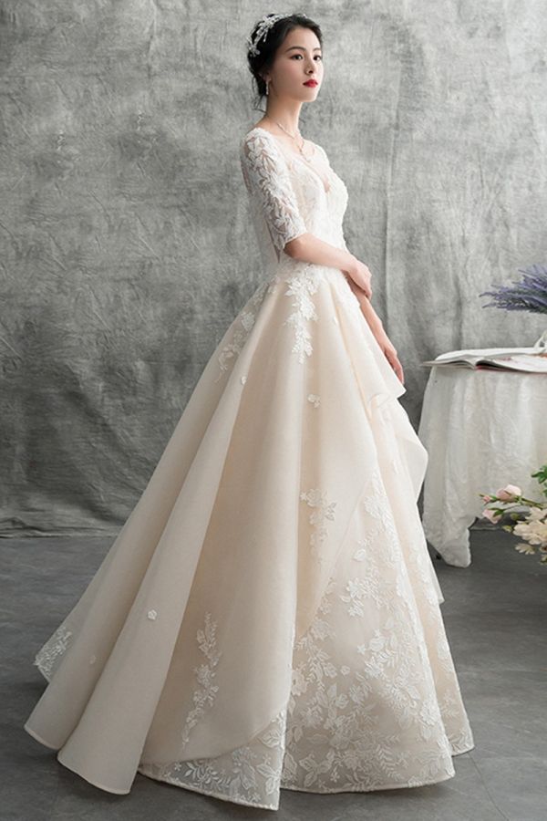 3/4 Sleeve Lace A-Line Gown with Long Train for Formal Events