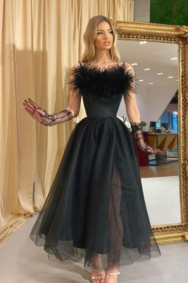 Feathered Elegance Black Tulle Dress