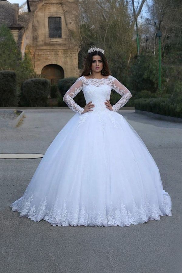 Long-Sleeve Lace Ball Gown with Illusion Neckline for Formal Events