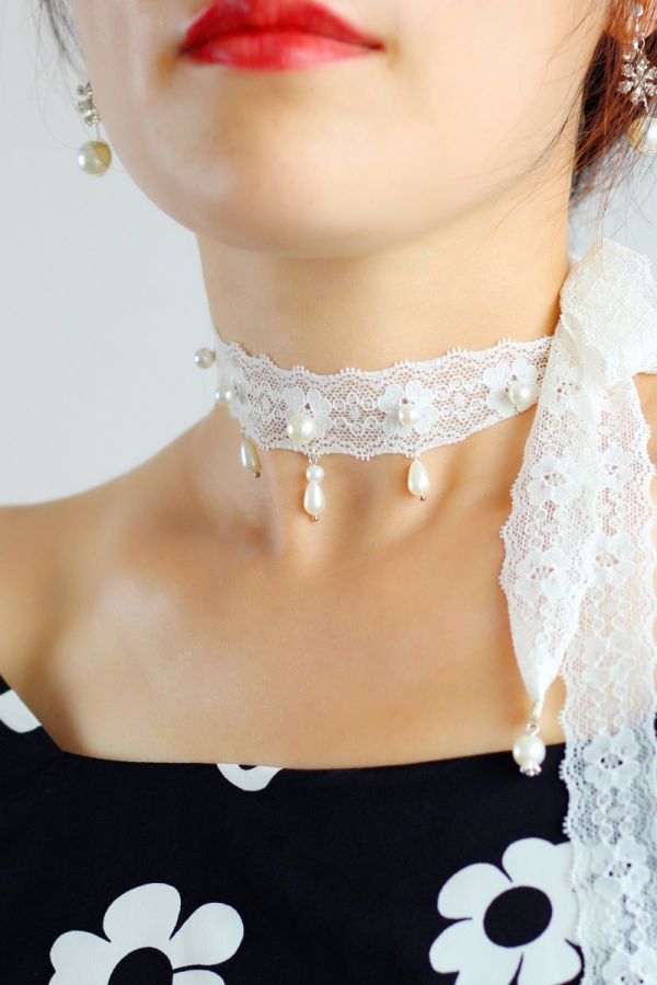 Lace and Pearl Choker with Ribbon Ties for Evening Wear