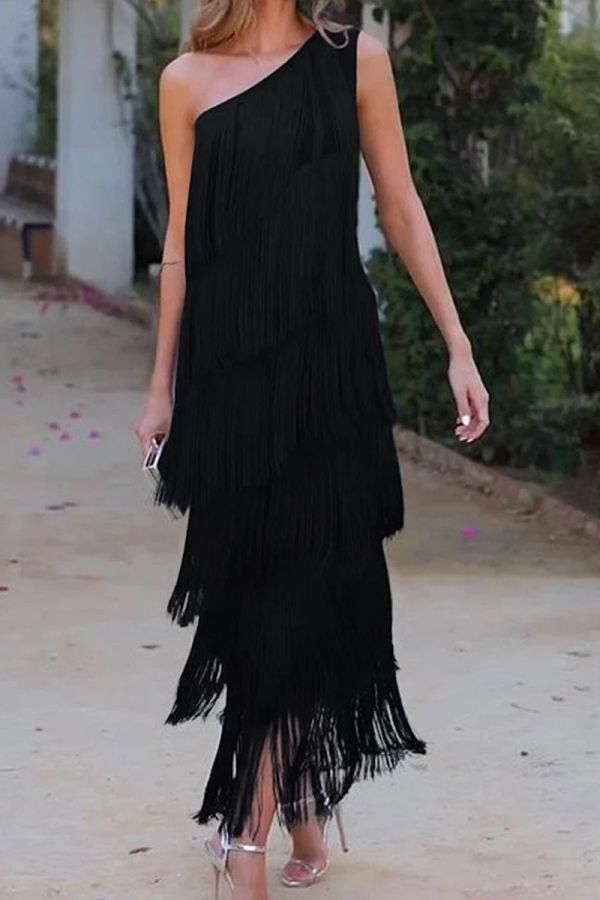 One-Shoulder Layered Fringe Navy Blue Cocktail Dress