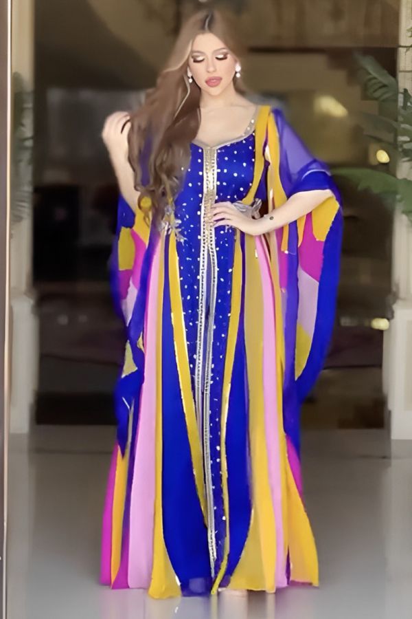 Royal Blue Kaftan with Multicolor Stripes and Beaded Embellishments