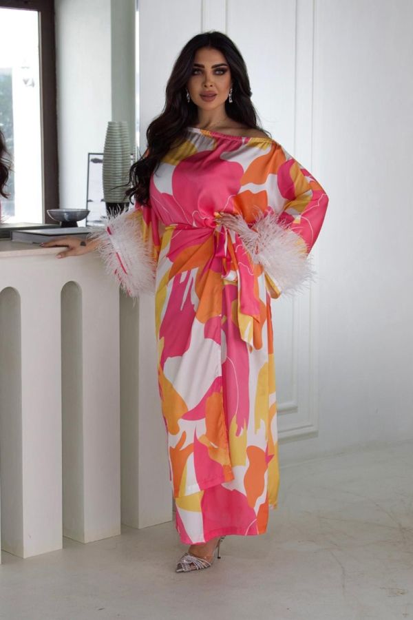 Long Sleeve Maxi Dress with Feather Cuffs 