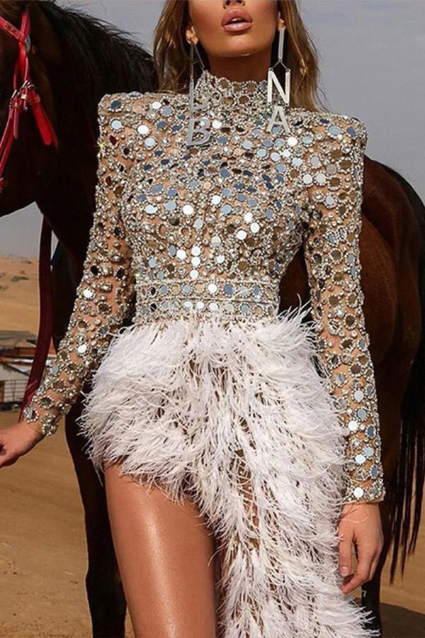 Embellished Crystal and Feather Statement Mini Dress