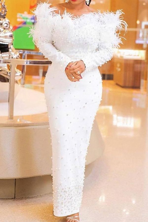 Feathered Long Sleeve Pearl-Embellished Evening Gown