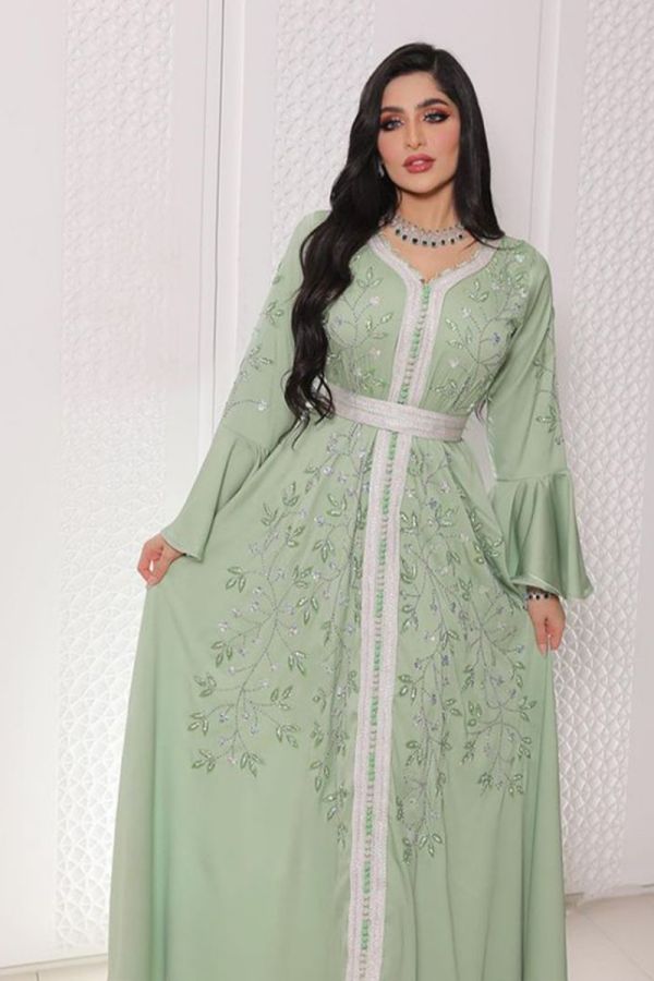 Embroidered Floral Mint Green Maxi Dress with Bell Sleeves