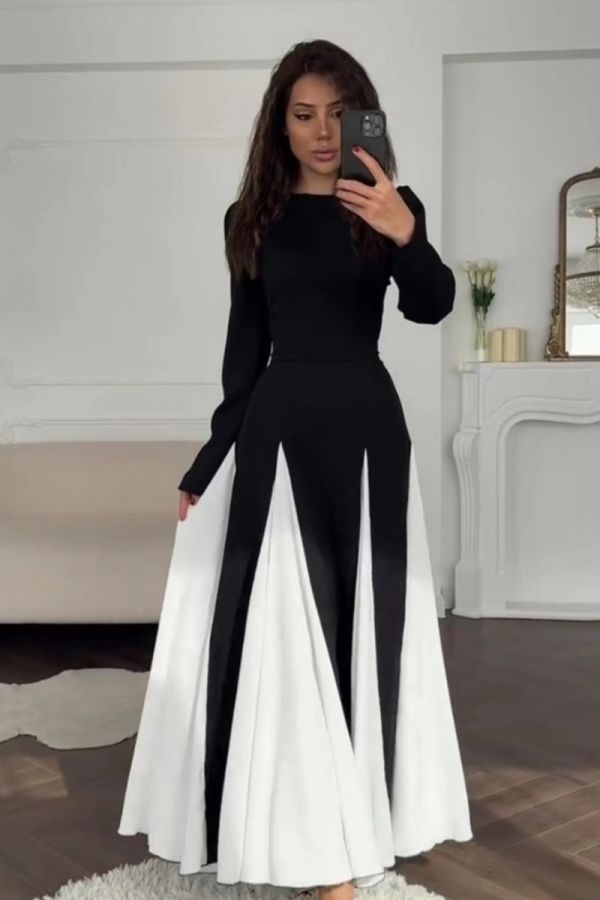 Black and White Contrast Pleated Maxi Dress