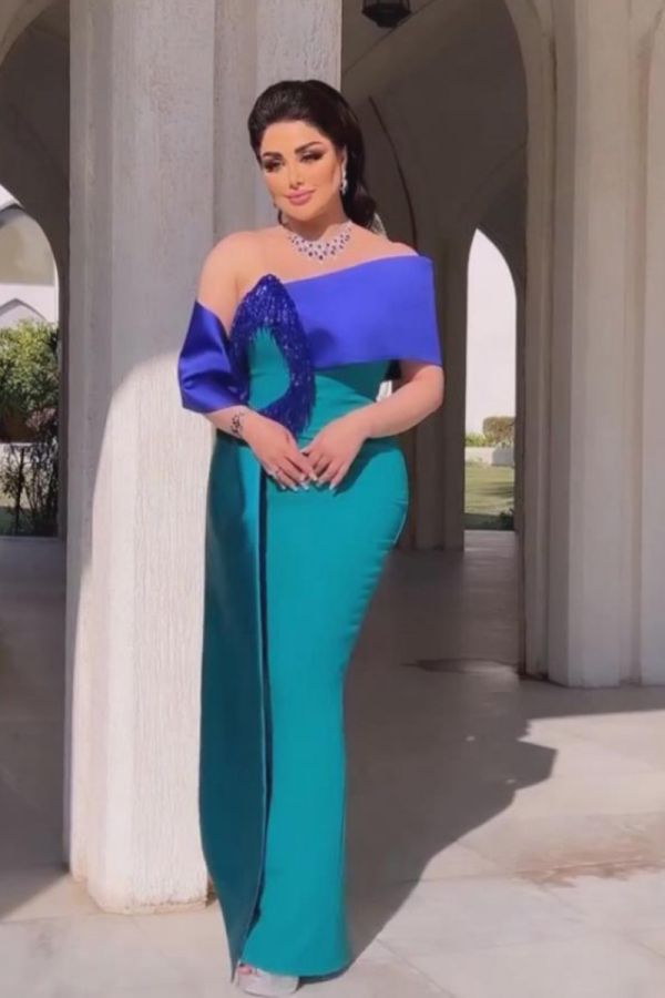 Elegant Teal and Royal Blue Off-Shoulder Gown