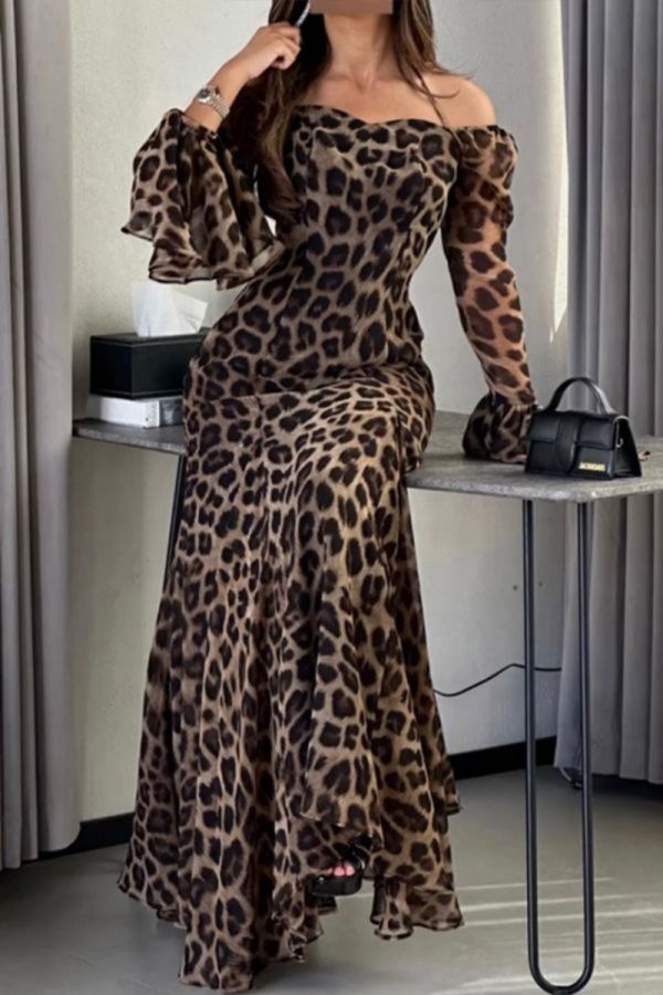 Wild Elegance Off-Shoulder Leopard Maxi Dress