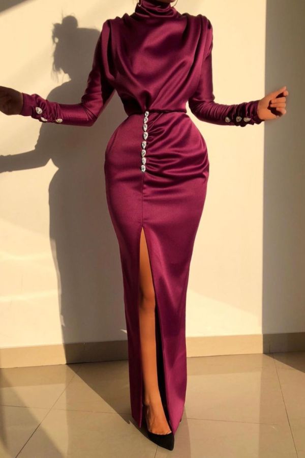 Purple Satin Long Sleeve High Slit Gown