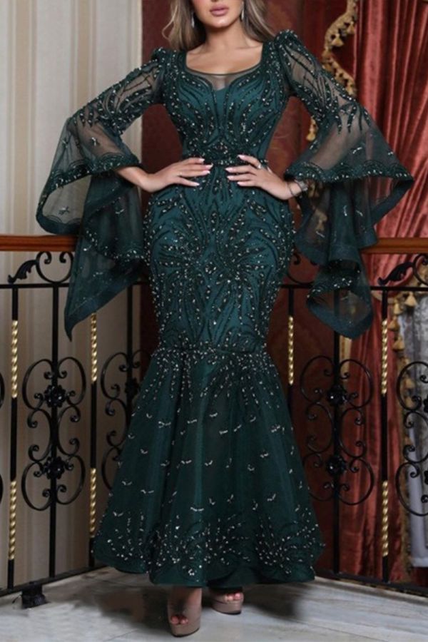 Emerald Belle Flare Sleeve Gown