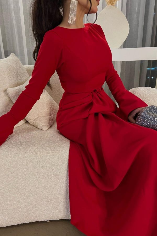 Elegant Red Draped Long Sleeve Gown