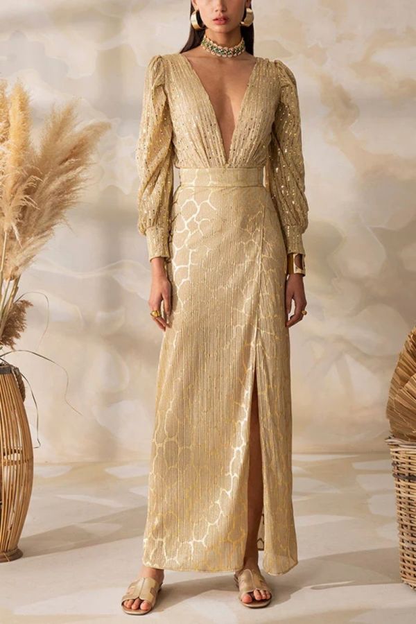 Golden Glam Deep V Gown