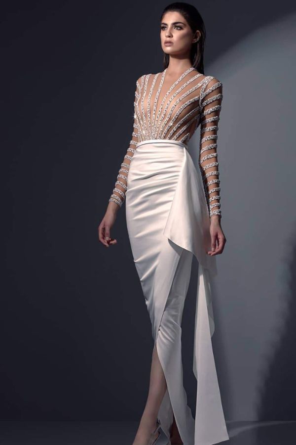 Sheer Striped Long Sleeve Plunging White Evening Gown