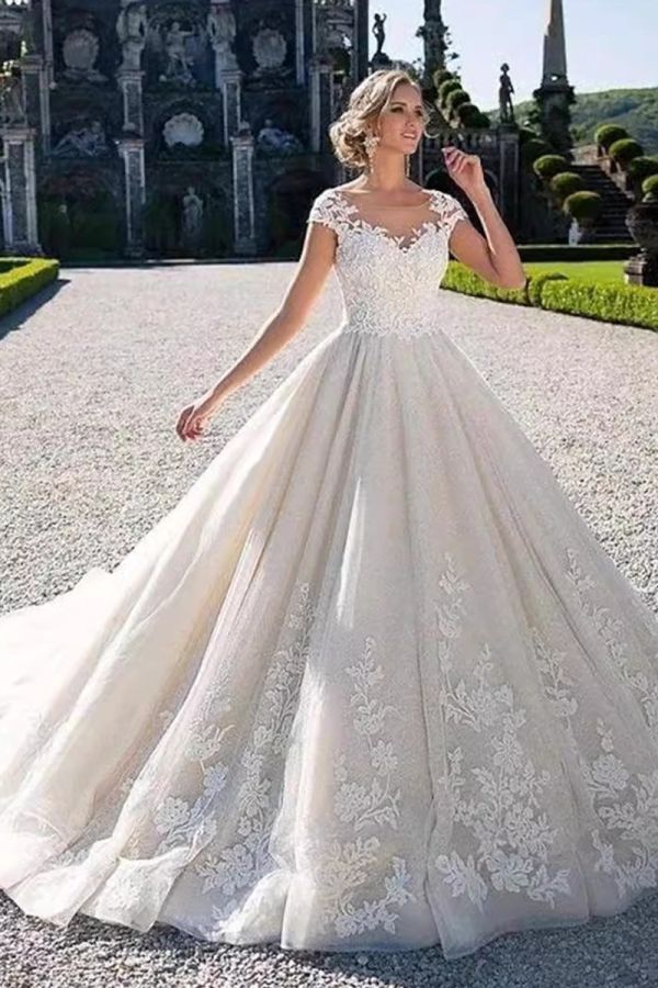  Illusion Neckline Ball Gown with Long Train for Formal Events