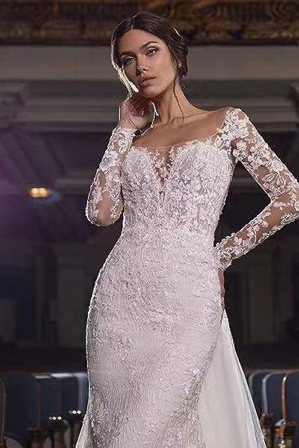 Lace Long Sleeve Illusion Neckline Mermaid Gown with Long Train for Formal Events