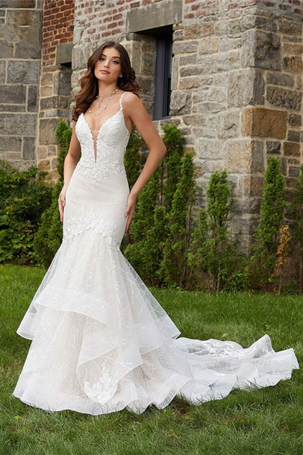 Lace V-Neck Tiered Mermaid Gown with Long Train for Formal Events