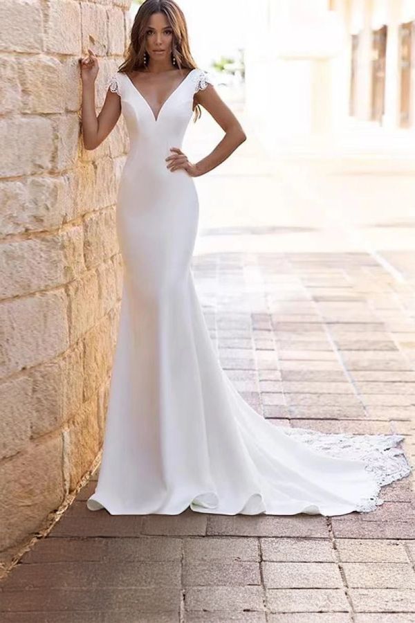 Deep V-Neck Mermaid Gown with Long Train for Formal Events