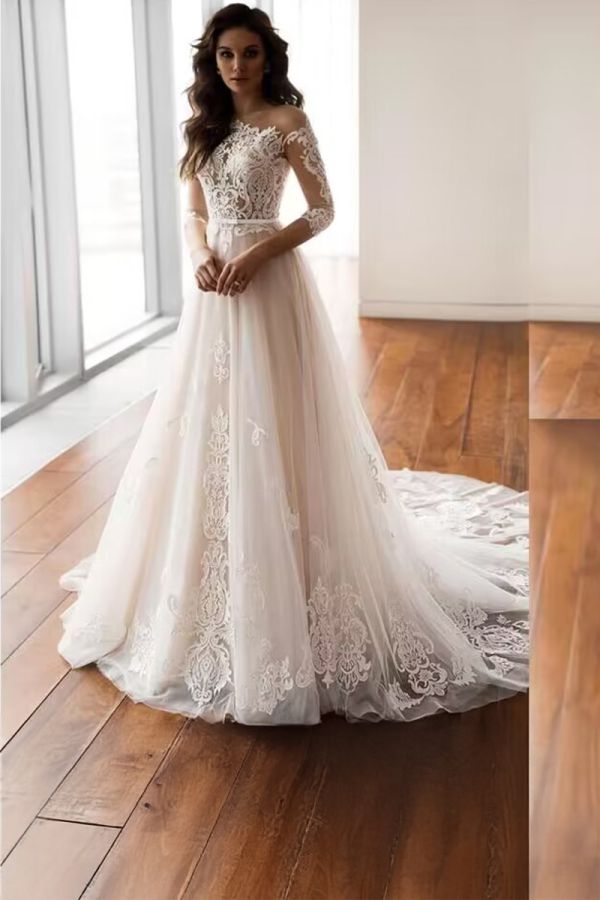 Lace Illusion Ball Gown with Long Train for Formal Events