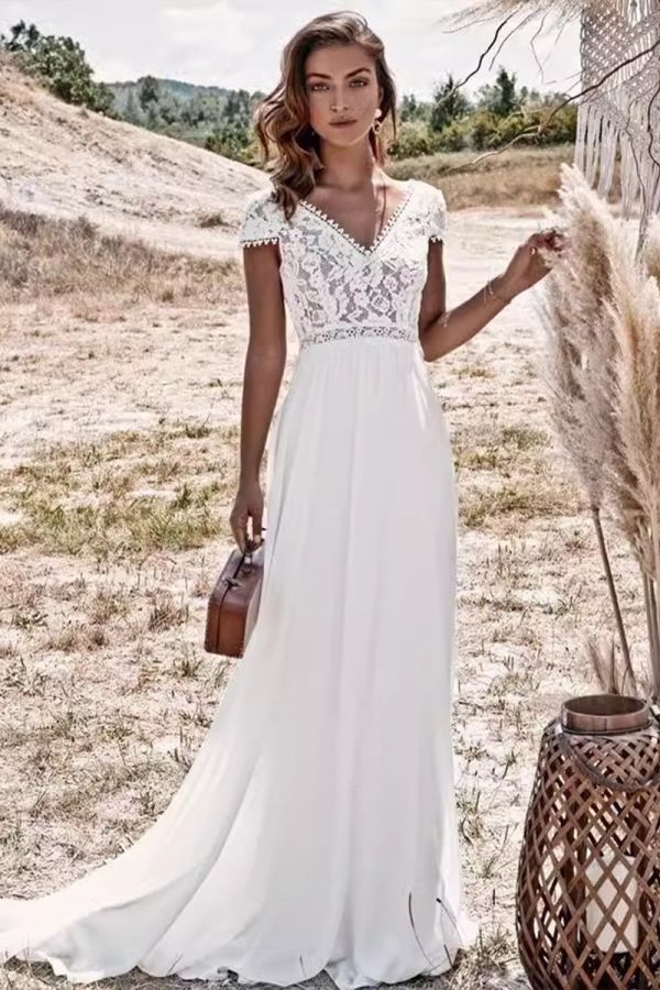 Lace Bodice V-Neck Chiffon Maxi Dress with Long Train for Formal Events