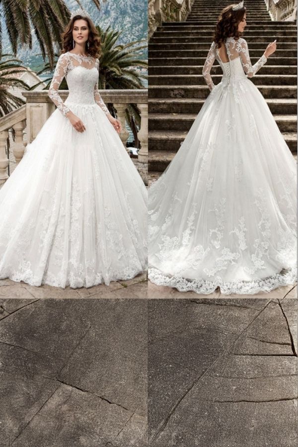 Lace Long-Sleeve Ball Gown with Illusion Neckline and Long Train for Formal Events