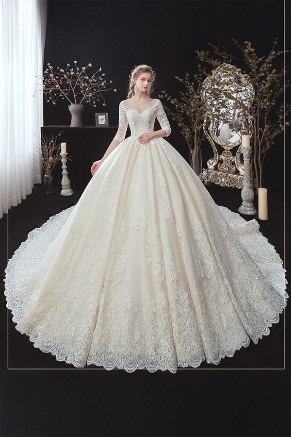 Lace Illusion Neckline Ball Gown with  Train for Formal Events