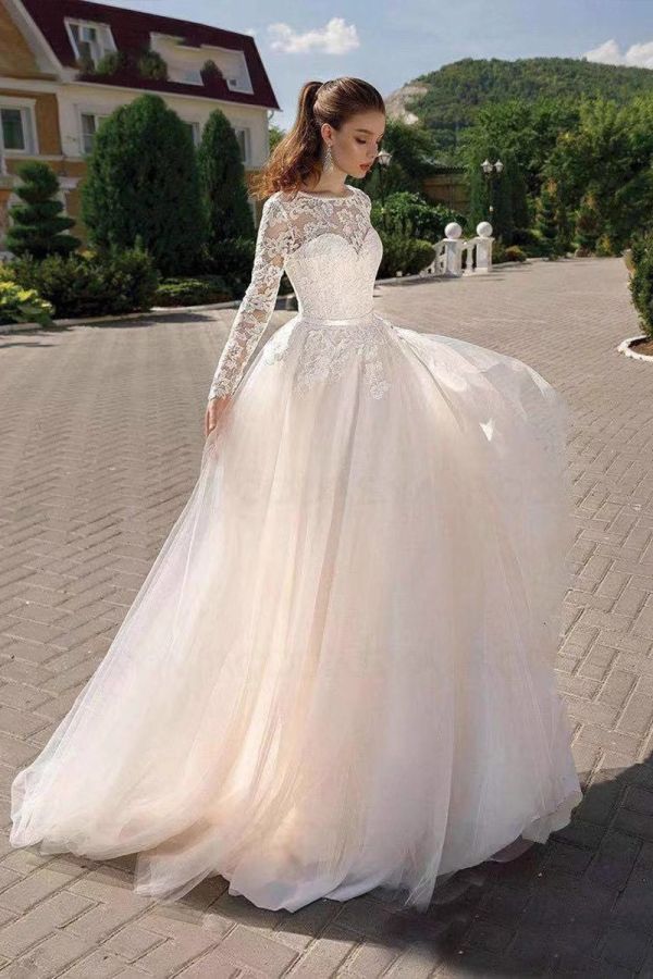 Long-Sleeve Lace Ball Gown with Illusion Neckline and Long Train for Formal Events