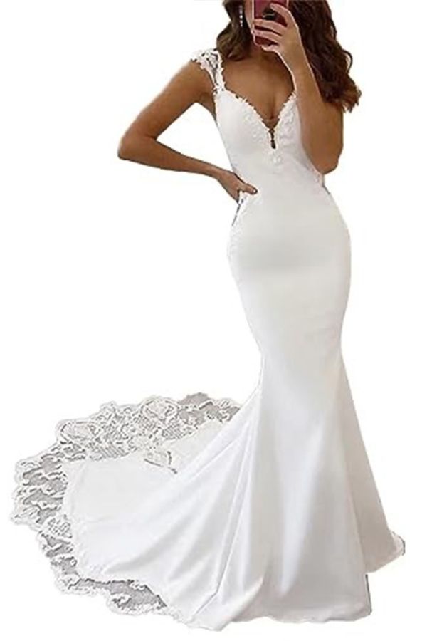 Lace V-Neck Mermaid Gown with Long Train for Evening Events