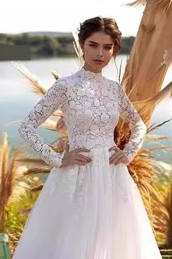 High-Neck Lace Bodice Long-Sleeve Tulle Ball Gown with Long Train for Formal Events