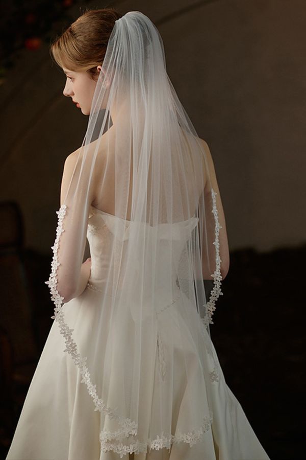 Long Tulle Veil with Lace Trim for Bridal Events