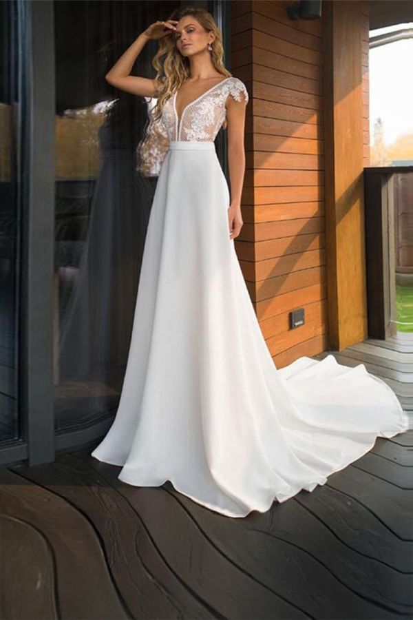 Lace V-Neck A-Line Gown with Long Train  Formal Events