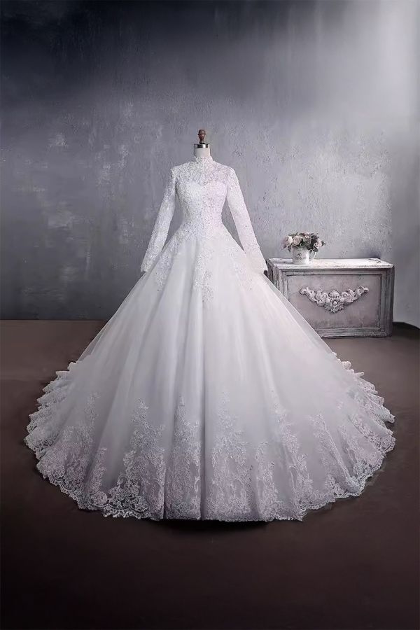 High Long-Sleeve Lace Ball Gown with Long Train for Formal Events