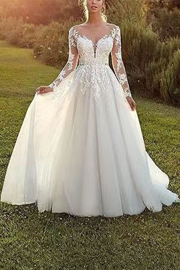  Illusion Neckline Long  Ball Gown with Long Train for Formal Events