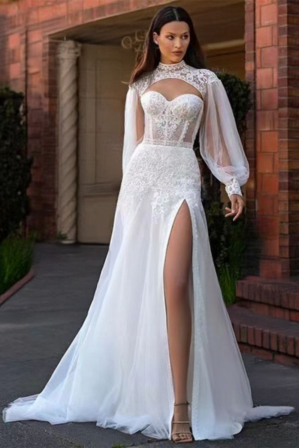 High-Neck Lace Bodice Gown with Long Sleeves and High Slit for Formal Events