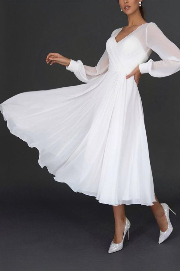 White Long Sleeve V-Neck Chiffon Midi Dress