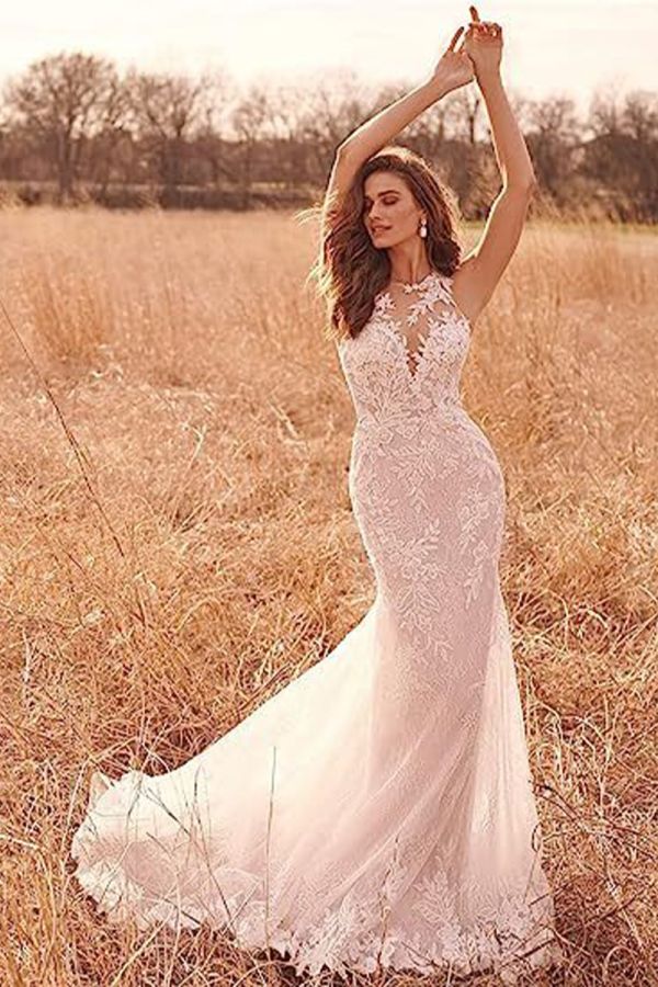 Lace Illusion Neck Mermaid Gown with Long Train for Formal Events